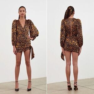 Ronny Kobo Giorgia Leopard Print Puff-Shoulder Faux Wrap Dress XS